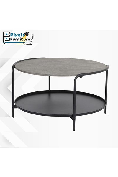 PixelsFurniture Pixel Furniture 2-Tier Round Coffee Table with Wood Top, Lower Shelf and Metal Ends, 82cm