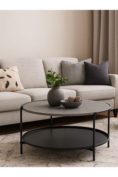 PixelsFurniture Pixel Furniture 2-Tier Round Coffee Table with Wood Top, Lower Shelf and Metal Ends, 82cm