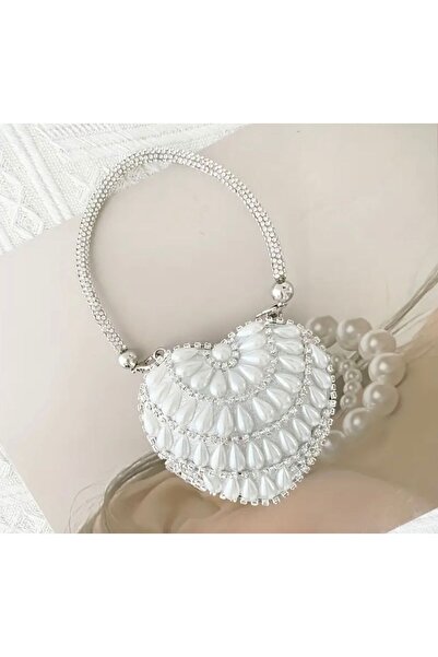 DioBlenza Şık Mini Kalp Şeklinde Taşlı Incili Abiye Çanta (RUJ ÇANTASI)