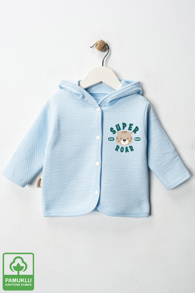 Miniel Baby Boy Super Roar Printed Organic Cotton 6-9-12-18 Months Quilted Baby Cardigan