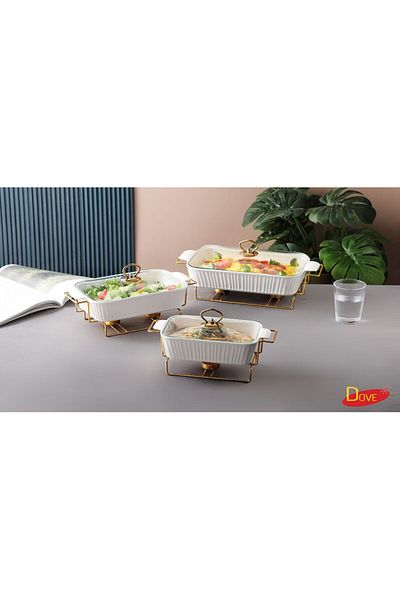 Dove مجموعة من 3 قطع من وعاء تدفئة الطعام الخزفي المستطيل وحامل الشموع وغطاء زجاجي للفرن المقاوم للحرارة