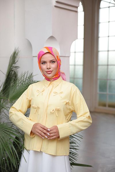 Nergis Neva Butik Closed Patch Bow Poplin Short Shirt