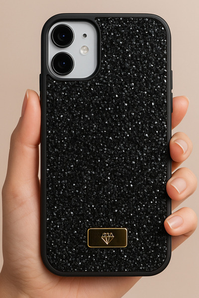 Fibaks Apple iPhone 12-12 Pro Case with Velvet Diamond Design Black Stone Sparkling Diamond Silicone Cover