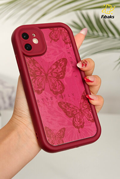 Fibaks Apple iPhone 11 Kılıf Yumuşak Dokulu Kelebek Desenli Yumuşak Kamera Korumalı Mürdüm Silikon Kapak