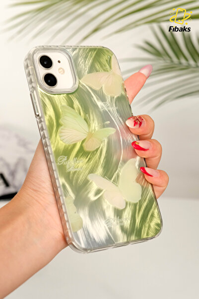 Fibaks iPhone 11 Compatible Case Shiny Hologram Green Butterfly Pattern Shock Absorbing Camera Protection Silicone