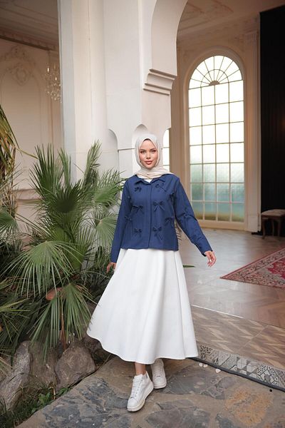 Nergis Neva Butik Closed Patch Bow Poplin Short Shirt