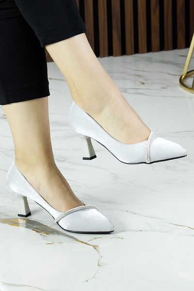 Erkan Saçmacı Shimeca Silver Satin Stone Pointed Toe Thin Heels Evening Dress Shoes