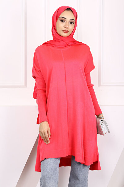 İmajButik Φούξια Crew Neck Mercerized Casual Knitwear Tunic