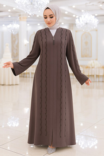 Neva Style Boncuk İşlemeli Kahverengi Tesettür Ferace 29113KH