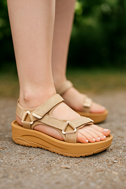 Nstil Women's Beige Velcro Sandals N-Step Güngören Thick Sole Beach Yeşilkent Sticks Trekking 411