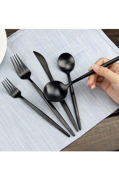 LIXADA 30-Piece Stainless Steel Knife Fork Spoon Full Set Black for Home Office Restaurant Hotel Black