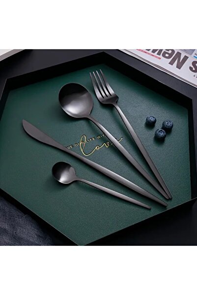 LIXADA 30-Piece Stainless Steel Knife Fork Spoon Full Set Black for Home Office Restaurant Hotel Black