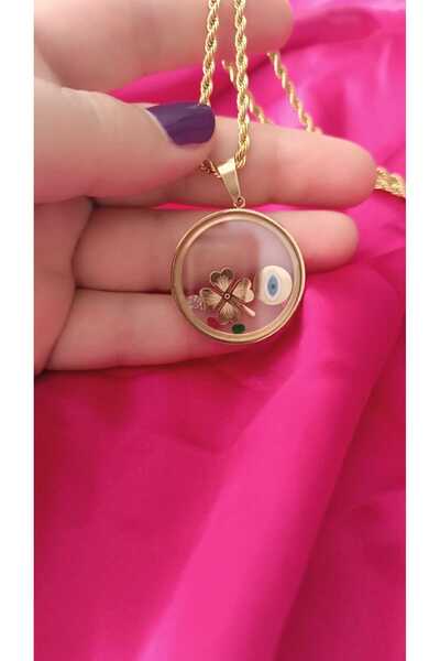 shop Uzun Zincirli Fanus içinde Yonca ve Nazar Boncuğu 1.Sınıf Kadın Çelik Kolye