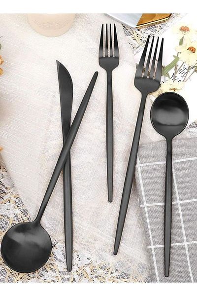 LIXADA 30-Piece Stainless Steel Knife Fork Spoon Full Set Black for Home Office Restaurant Hotel Black