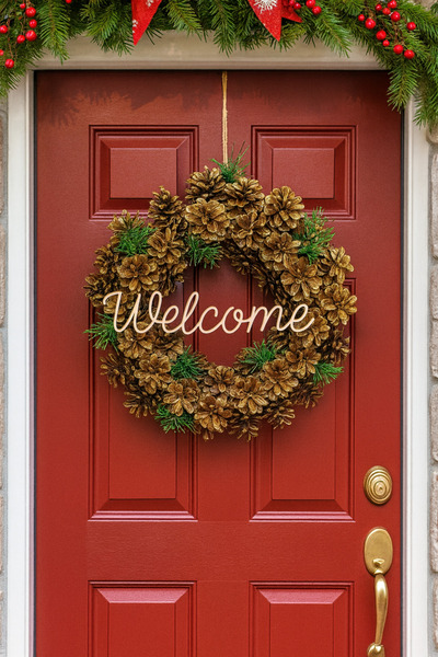 rosfloa rf ديكور باب إكليل من كوز الصنوبر هدية السنة الجديدة (35*35 سم)