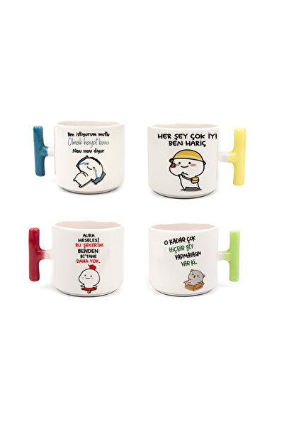 GünayStore Sevimli Mochi Cat Baskılı Renkli T Kulp'lu Nescafe & Latte 4 Lü Fi...