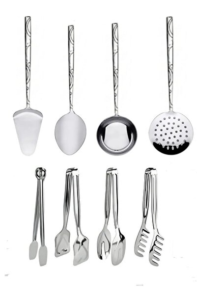 Assess Store 8 Piece Serving and Tongs Set Spatula, ladle, colander, spoon, pasta, salad, cake, grilling tongs