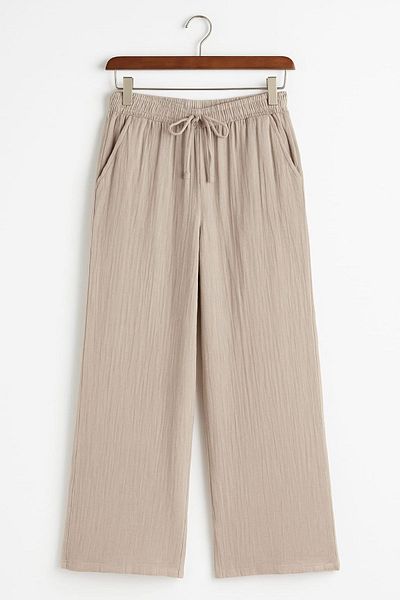 enmodaiçgiyim Stone Color 100% Cotton Muslin Fabric Wide Leg Comfortable Fit Women's Trousers with Two Pockets