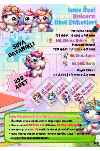 Ceres Studio Yeni Unicorn Temalı Kişiye Özel Suya Dayanıklı Okul Etiketi Seti...