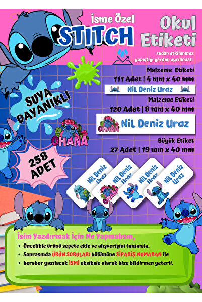 Ceres Studio Stitch Temalı Kişiye Özel Suya Dayanıklı Okul Etiketi Seti - 258...