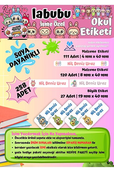 Ceres Studio Sevimli LABUBU Temalı Kişiye Özel Suya Dayanıklı Okul Etiketi Se...