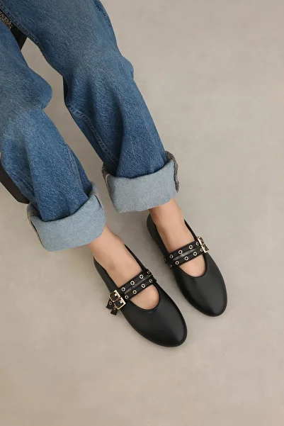 moon glow Black Studded Double Buckle Women's Ballerinas |   Daily Comfortable Flat Sole Mary Jane Shoes Fashion