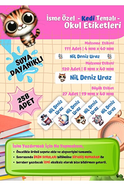 Ceres Studio Kedi Temalı Kişiye Özel Suya Dayanıklı Okul Etiketi Seti - 258 A...