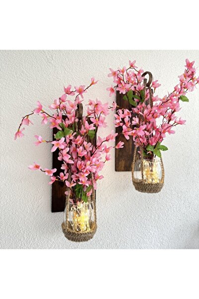 STDEKOR Duvar Dekoru, Led Işıklı, Pembe Sakura Çiçekli, Ceviz Aplik Ikili Set