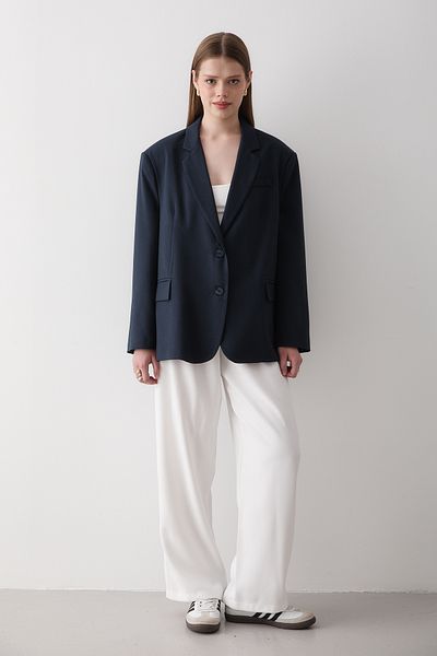 JASTE Women's Navy Blue Button Detailed Oversize Blazer Jacket