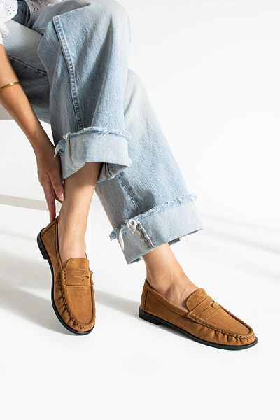 diclepolat Lucy Women's Loafer Saddle Detailed Comfortable Daily Shoes Tan Suede