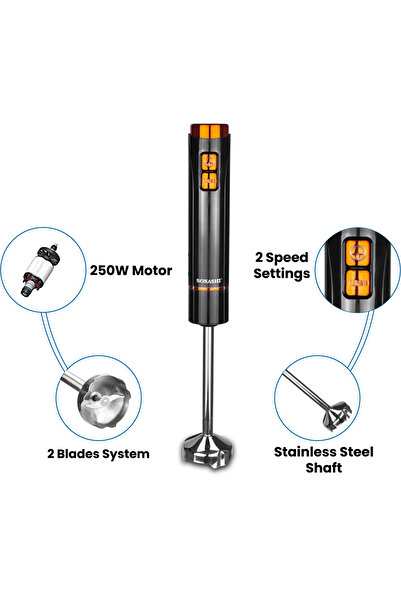 sonashi 4-In-1 Hand Blender, Stainless Steel Blades with 2 Speeds for Baby Food, Soup, Juice, 250 Watt