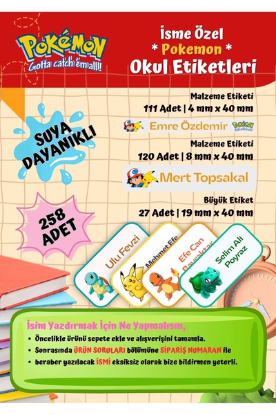 Ceres Studio POKEMON Okul Etiketi Defter Etiketi Kalem Etiketi Kişiye Özel Su...