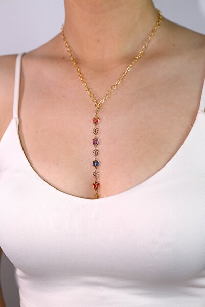 MARCİELO Accessories Y Necklace - Trendy Butterfly Colored Stone Butterfly Lo...