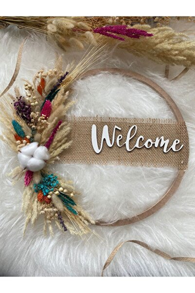 HOBİ55 Dekoratif Kapı Süsü Kuru Çiçekli Pampaslı pamuklu  Kasnaklı Tüllü pm-01