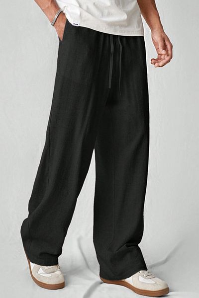 THE RULE Men's Linen Fabric Baggy Loose Cut Straight Leg Casual Summer Black Trousers New Season