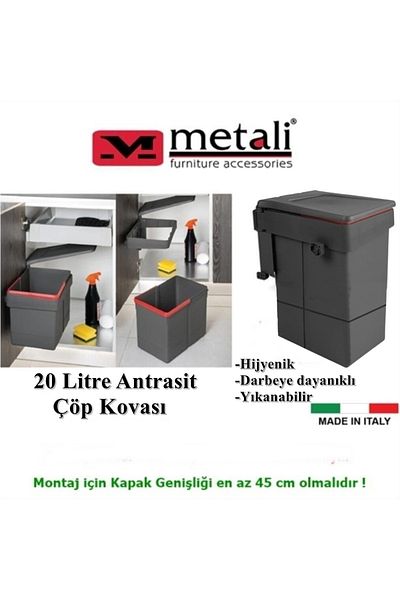 METALİ Almital Lid Mounted Trash Can Anthracite 20 Liters (Cabinet Lid Min. 45cm))