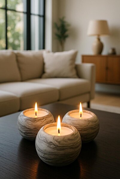 7Light Mermer Desenli 3'lü Set Dekoratif Beton Mum