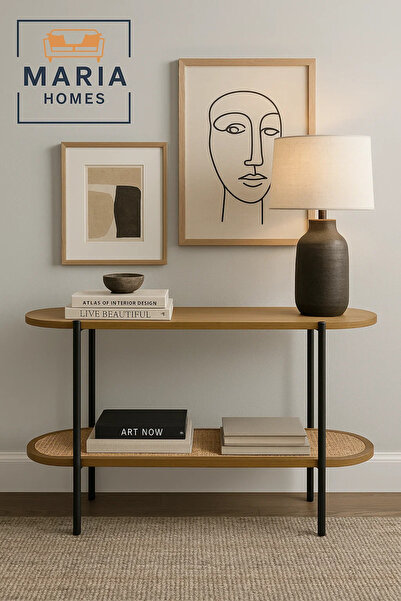 MARIA HOMES طاولة كونسول بيضاوية الشكل مع سطح خشبي ورف من الخيزران - إطار أسود