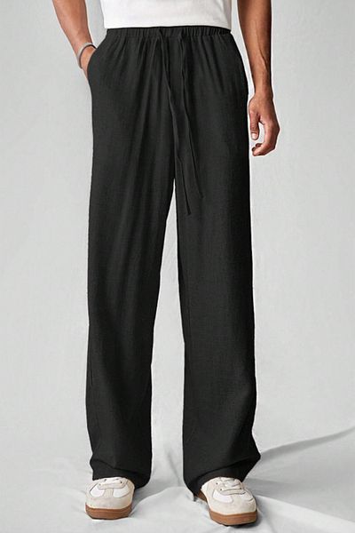 THE RULE Men's Linen Fabric Baggy Loose Cut Straight Leg Casual Summer Black Trousers New Season