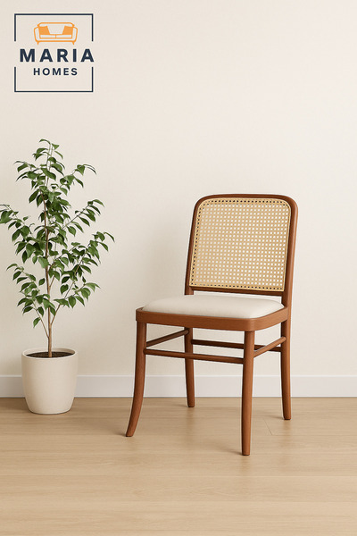 MARIA HOMES كرسي طعام أنيق من خشب الجوز مع مسند ظهر من القصب ومقعد مبطن