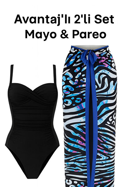 Bermody French Inspired Gathering Draped Swimsuit Pareo Set of 2 with Adjustable Straps, Stylish and Slimming Effect