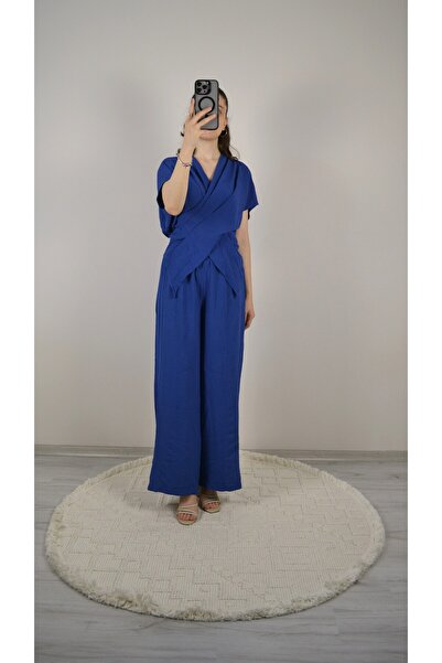 Aspendia Women's Indigo Double Breasted Collar Asymmetric Cut Suit