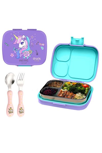 Snack Attack Kids Bento Lunch Box with Spoon & Fork – Leakproof 3-Compartment Stainless Steel Lunchbox for Girl