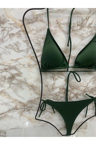 XORVİO Women's Lycra String Side and Neck Tie Stylish Drawstring Thong Green Bikini Set