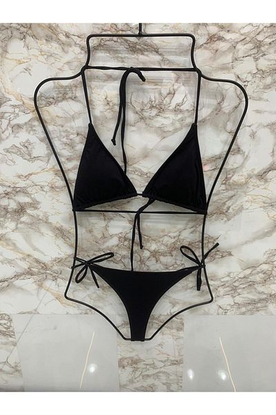 XORVİO Women's Lycra String Side and Neck Tie Stylish Drawstring Black Thong Bikini Set