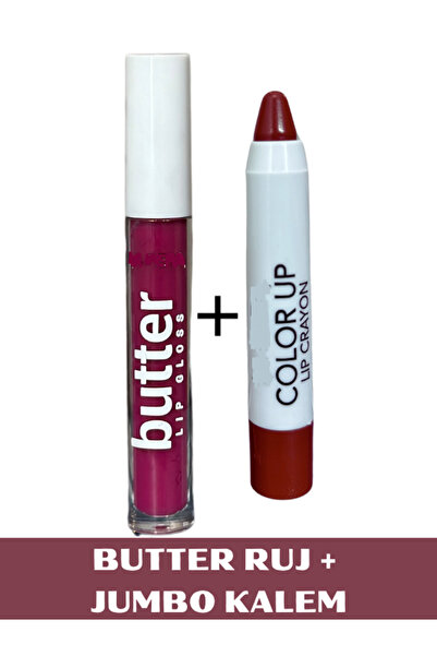 NUNUKO 2'li Butter Renkli Saten Mat Lipgloss Ruj + Jumbo Crayon Lipstick Duda...