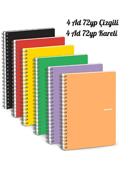 Janissary 8 ADET 72 Yaprak Okul Defteri PP Kapak Spiralli Defter A4  4 ÇİZGİL...