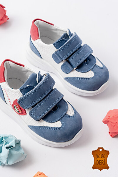 lina step White-Blue Genuine Leather Orthopedic Velcro Men's First Step Baby Sports Shoes