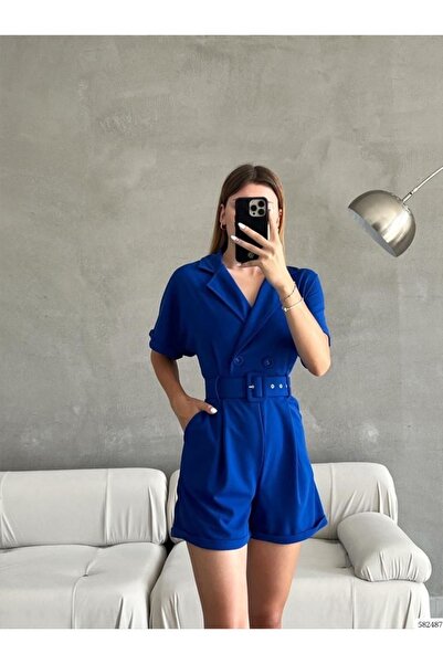 rengamoda Salopetă de damă, albastră, țesătură creponată, cu centură