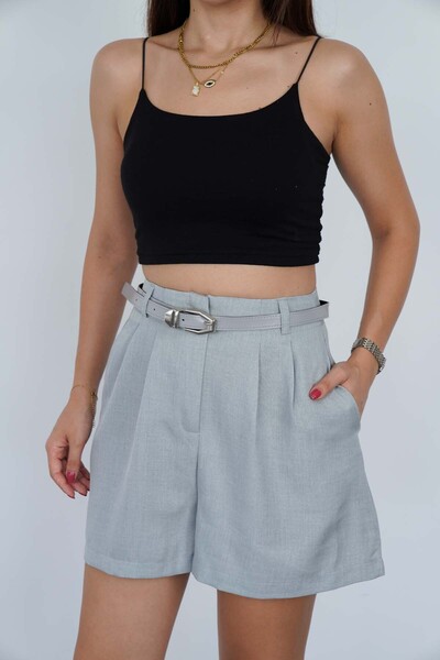 polle Kadın Gri Yüksek Bel Kemerli Keten Şort